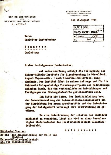 Datei:Speer an Lauterbacher Verlagerung nach Clausthal 1943.jpg